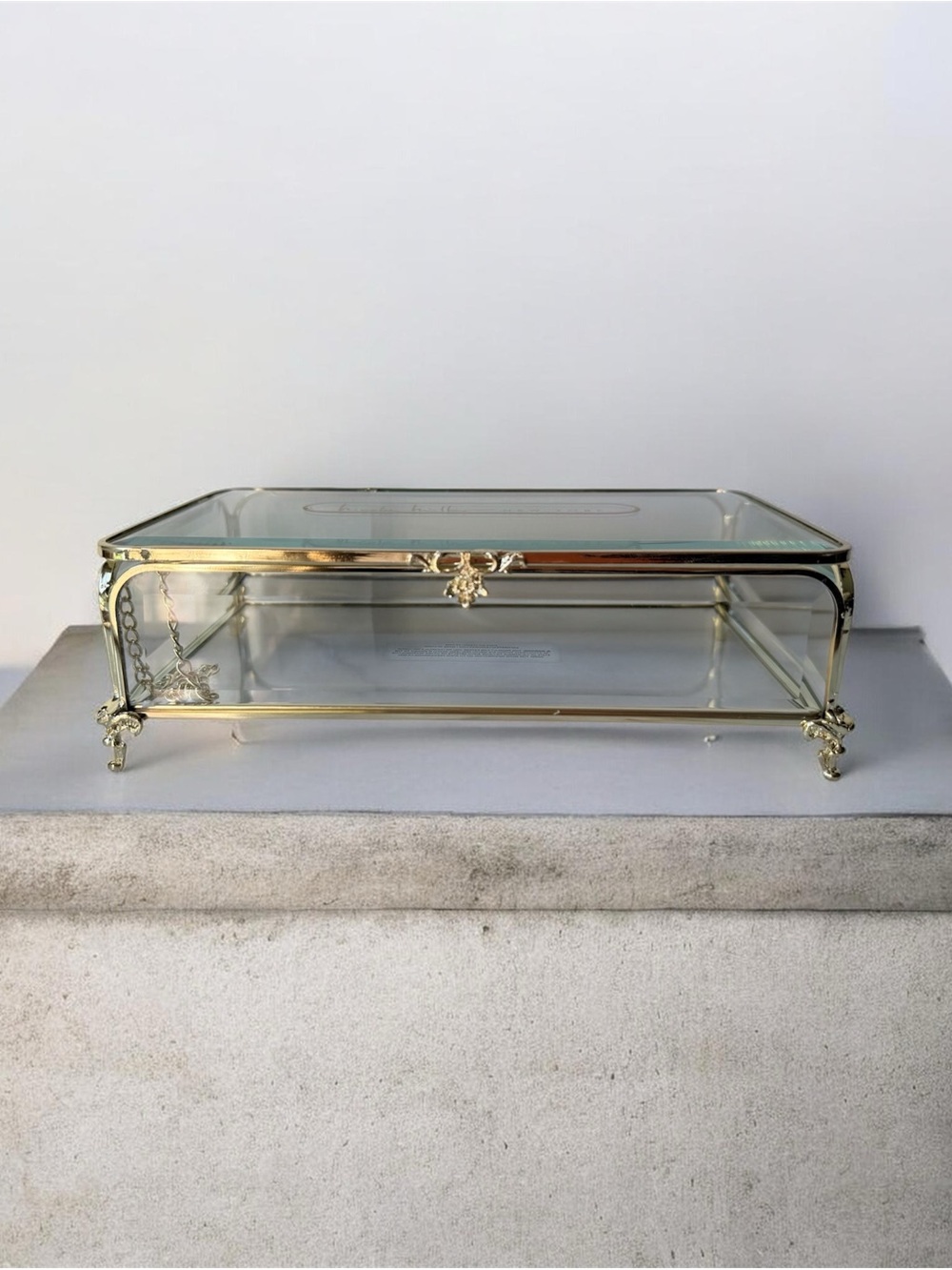 Glass Jewelry Display Box with Gold Frame vintage style